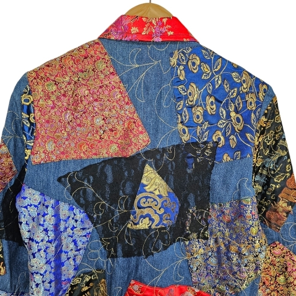 Chicos Patchwork Denim Jacket Womens Size Small Boho Jacquard Festival Vintage - Picture 13 of 16